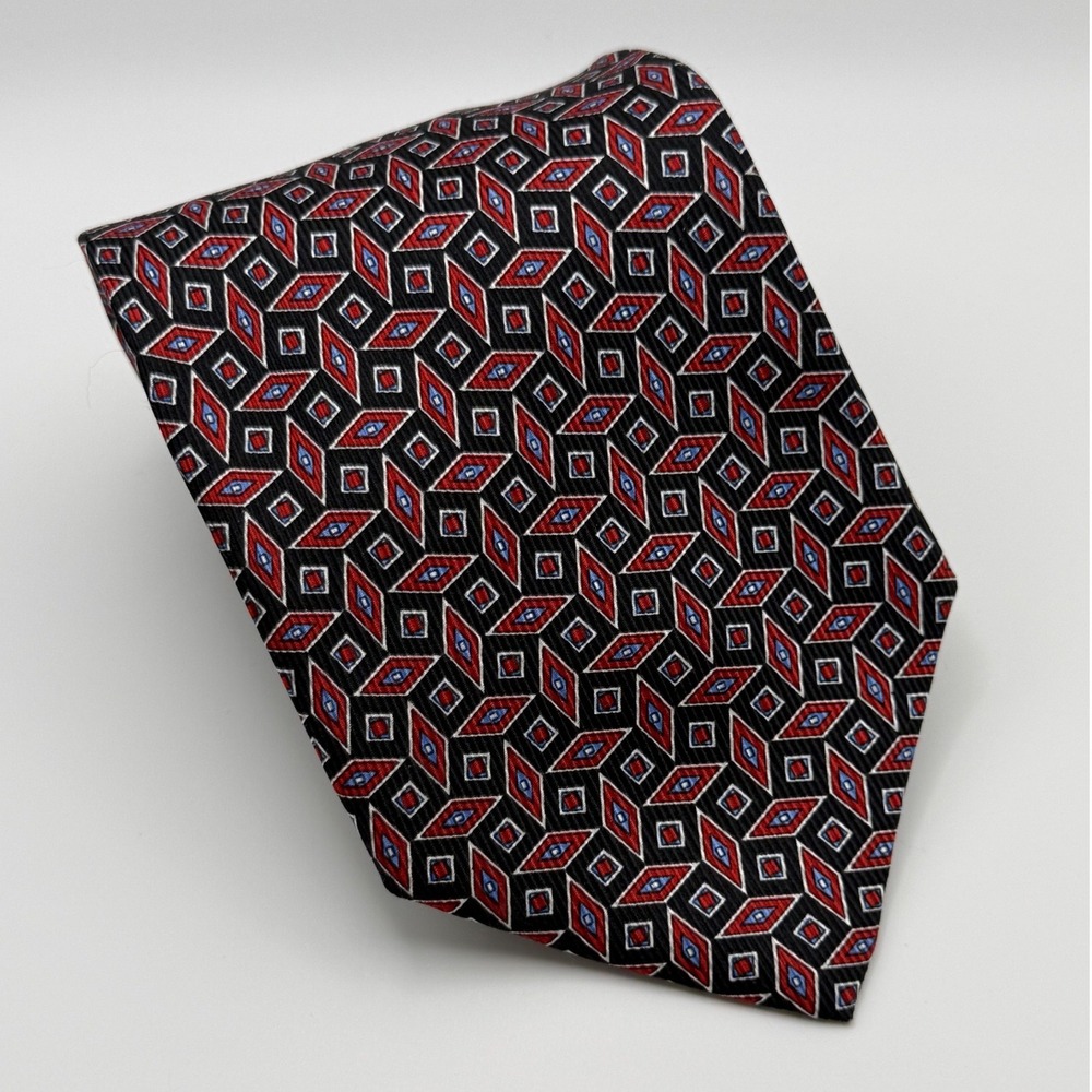 Jos. A. Bank Necktie 4" Red Blue Black Geometric Diamond Silk Italian Classic